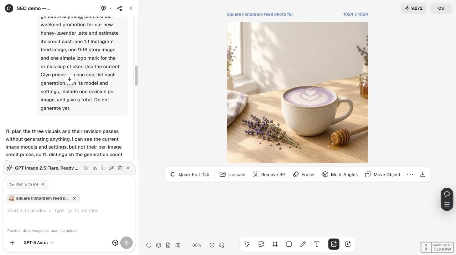The Ciyo workspace with the generated honey-lavender latte photo on the canvas and the balance reading 9,272