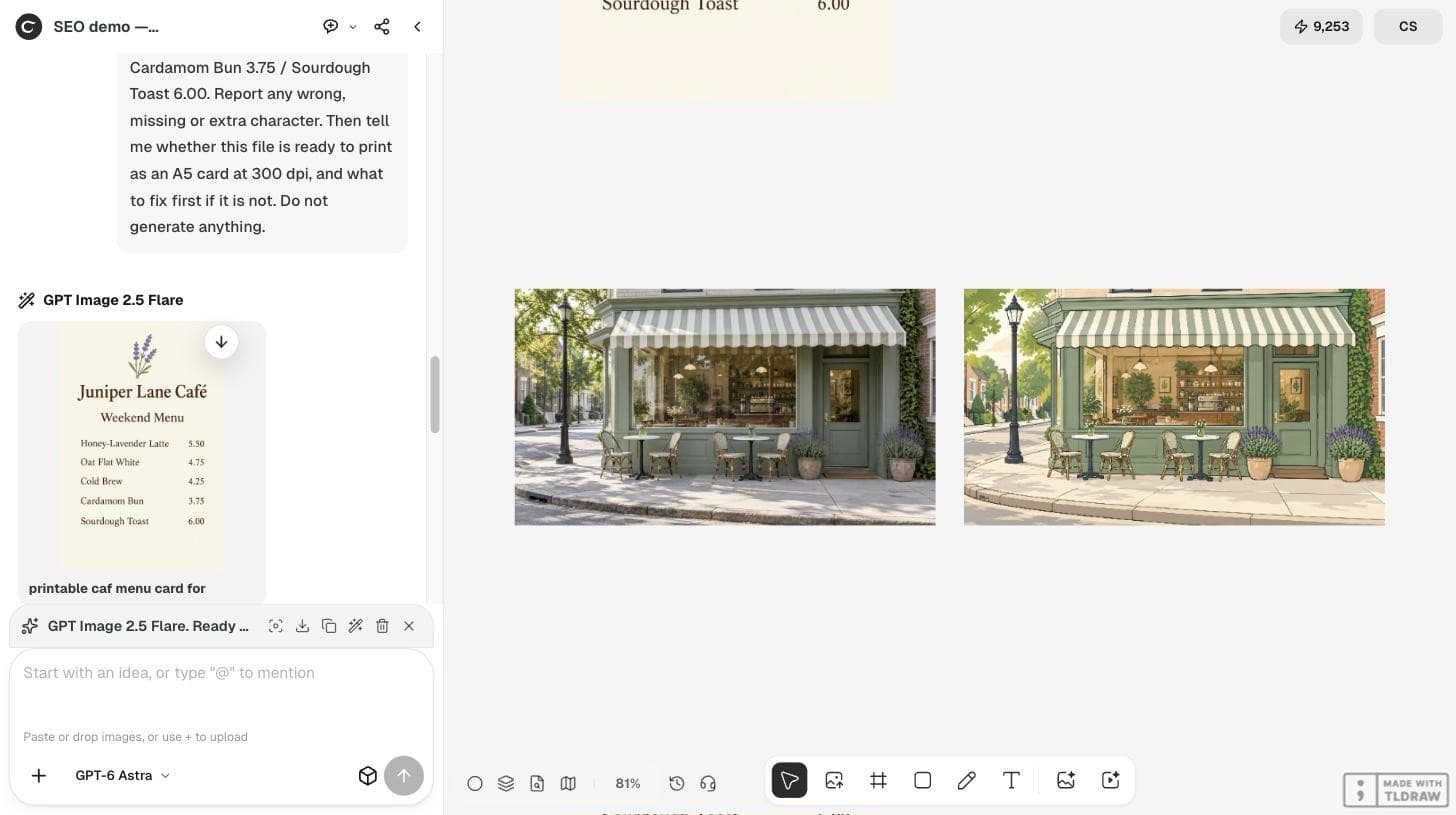 The Ciyo canvas with the café storefront photo on the left and the cartoon illustration version on the right