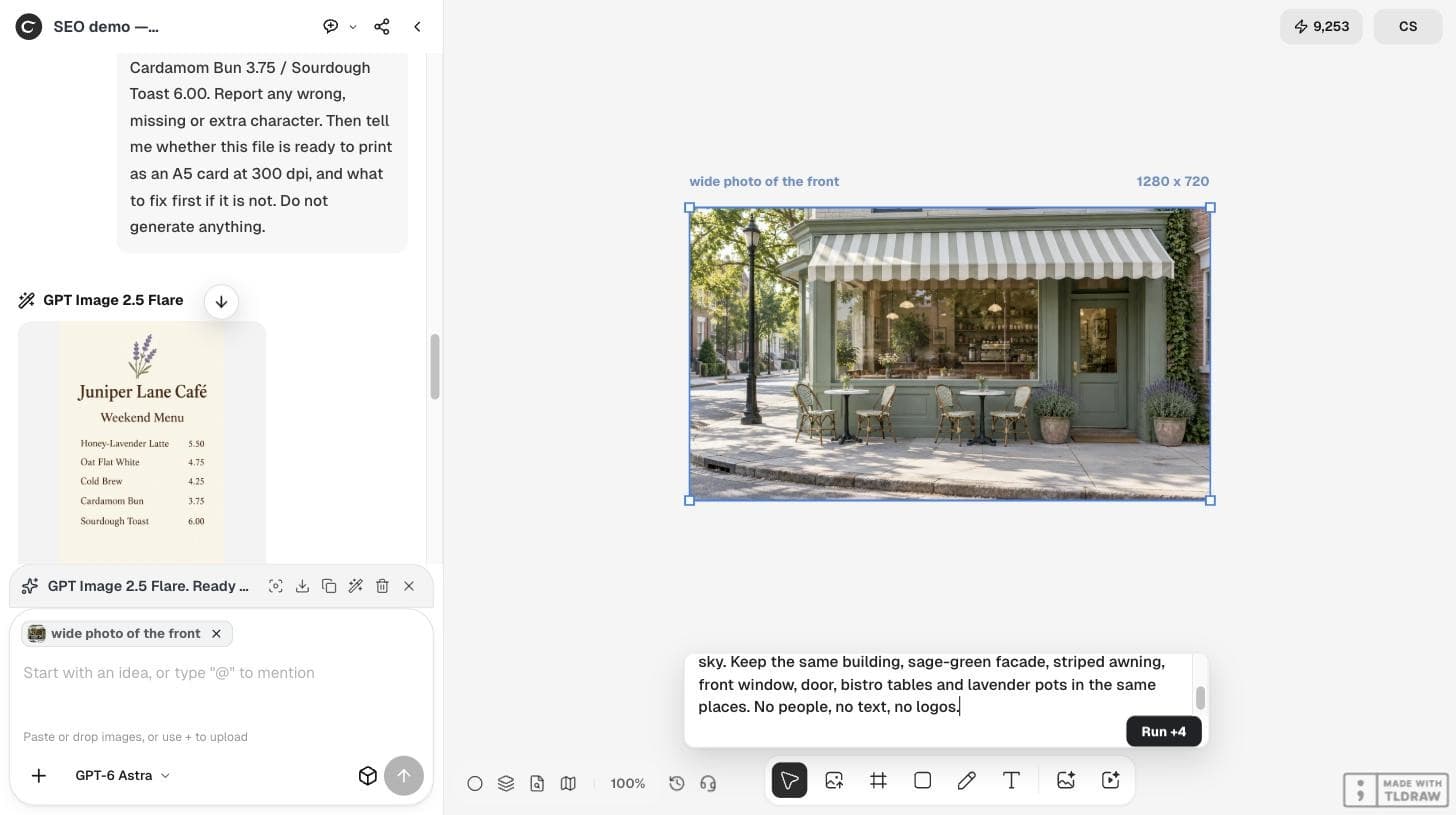 The Ciyo workspace with the café storefront photo selected and the Quick Edit instruction entered, with a Run button showing 4 credits