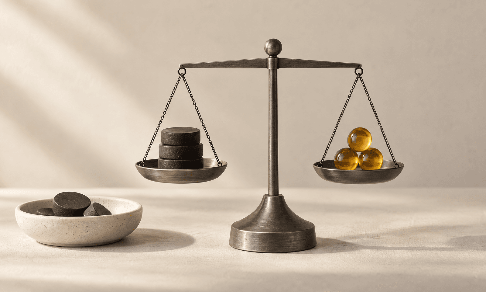 A brushed graphite balance scale with charcoal discs in one pan and amber beads in the other, beside a small ivory dish