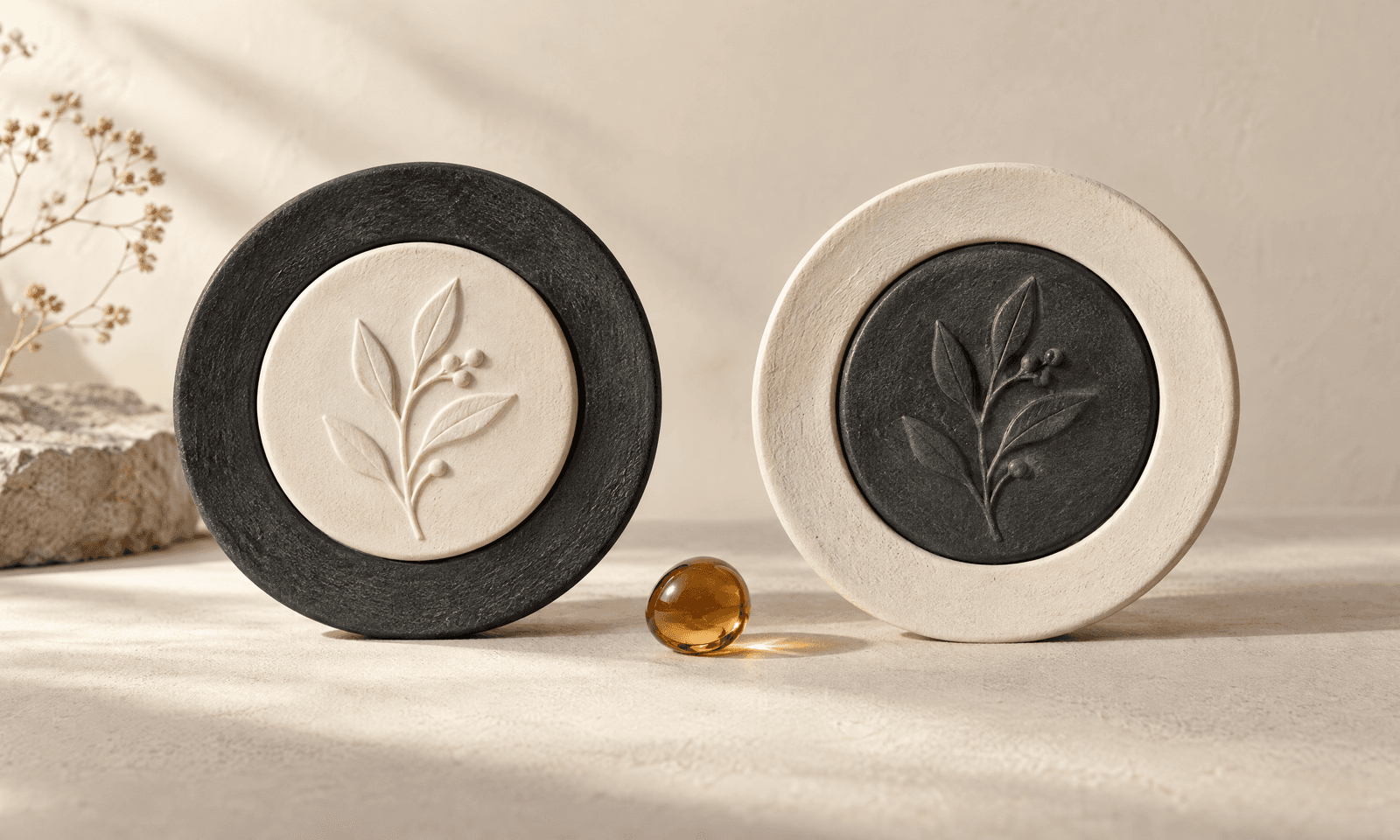Two round medallions side by side, one light on a charcoal plate and one charcoal on a light plate, with an amber glass drop between them