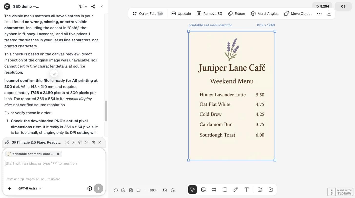 The Ciyo workspace with the menu card selected and GPT-6 Astra's proofreading answer and print-size notes in the chat panel