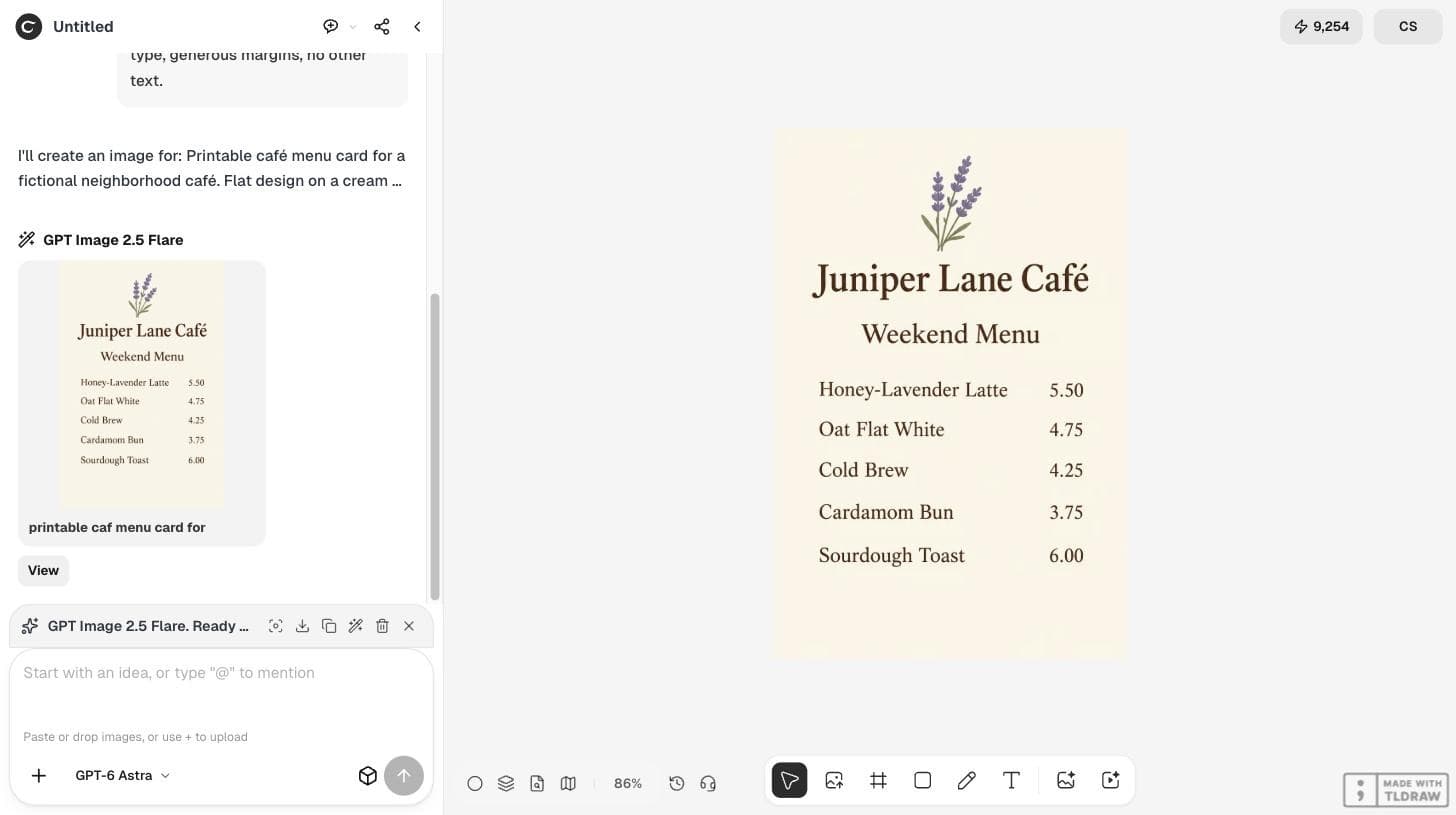 The Ciyo canvas with a generated cream menu card listing five items and prices under Juniper Lane Café and Weekend Menu
