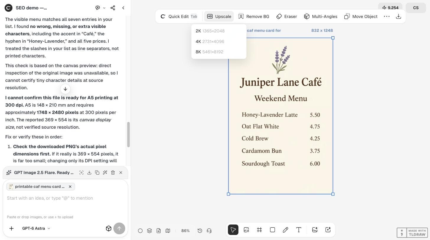 The Ciyo workspace with the menu card selected and the Upscale menu open showing 2K, 4K and 8K sizes