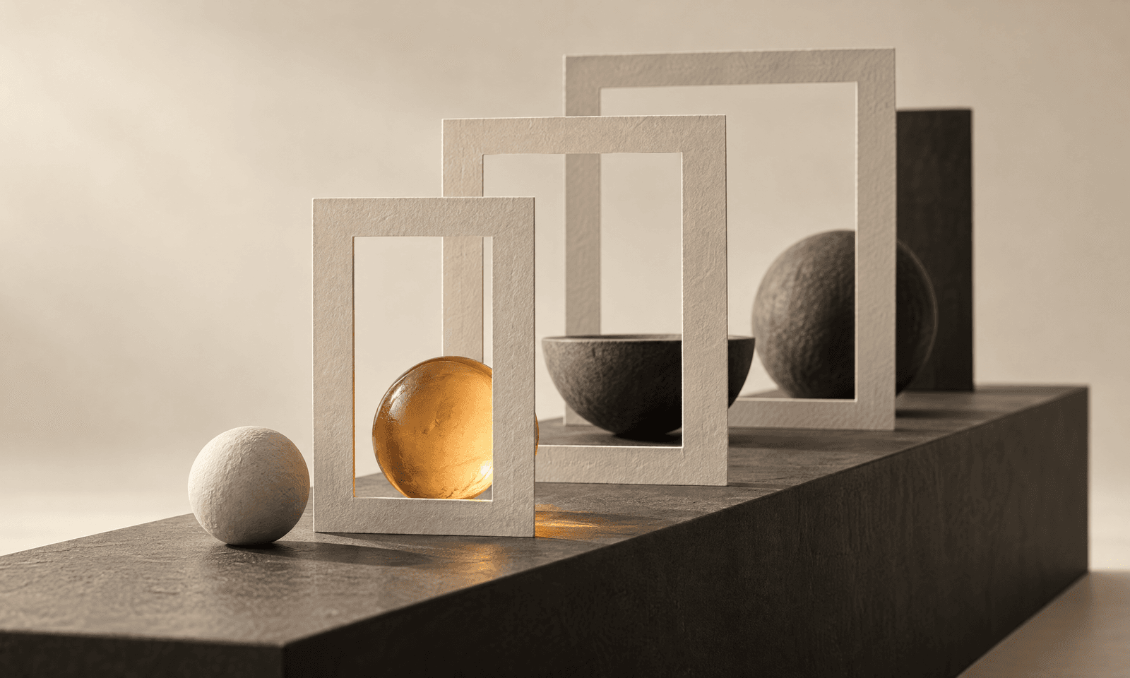 A row of thin ivory paper frames receding along a charcoal plinth, with an amber glass sphere inside the nearest frame