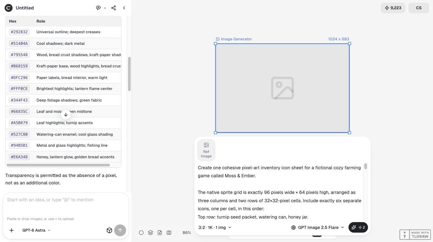 The Ciyo Image Generator at 3:2 with the full icon-sheet prompt and a 2-credit Generate button, next to the palette table