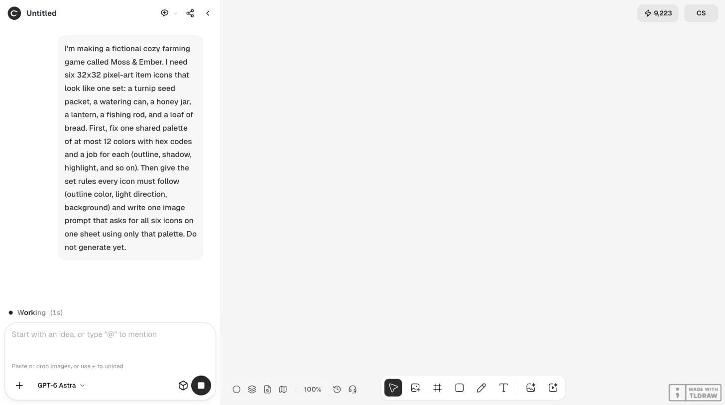 The Ciyo workspace with the Moss & Ember icon-set request in the GPT-6 Astra chat panel and an empty canvas