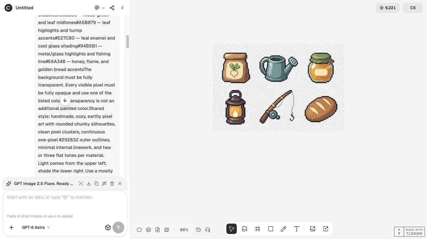 The Ciyo canvas with a generated sheet of six pixel-art icons: seed packet, watering can, honey jar, lantern, fishing rod and bread