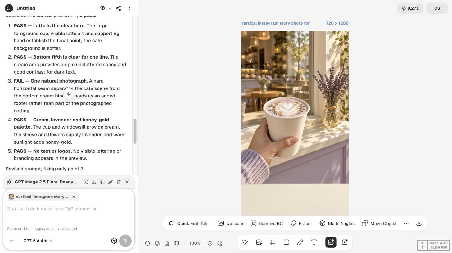 The Ciyo workspace with a vertical latte story image that has a flat cream band at the bottom, and GPT-6 Astra's list marking point 3 as failed