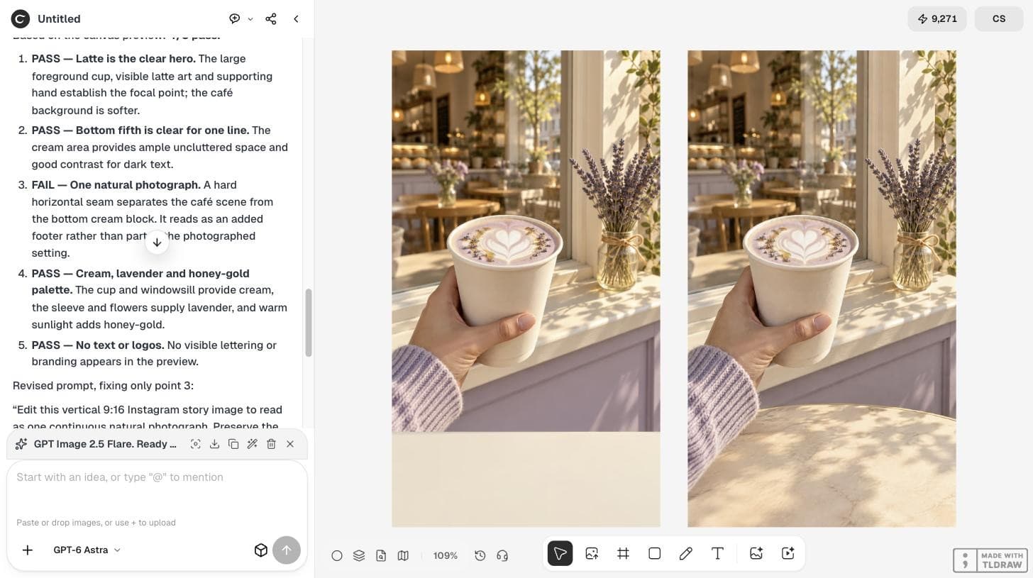 The Ciyo canvas with the original story image and flat band on the left and the edited version with a marble café table on the right