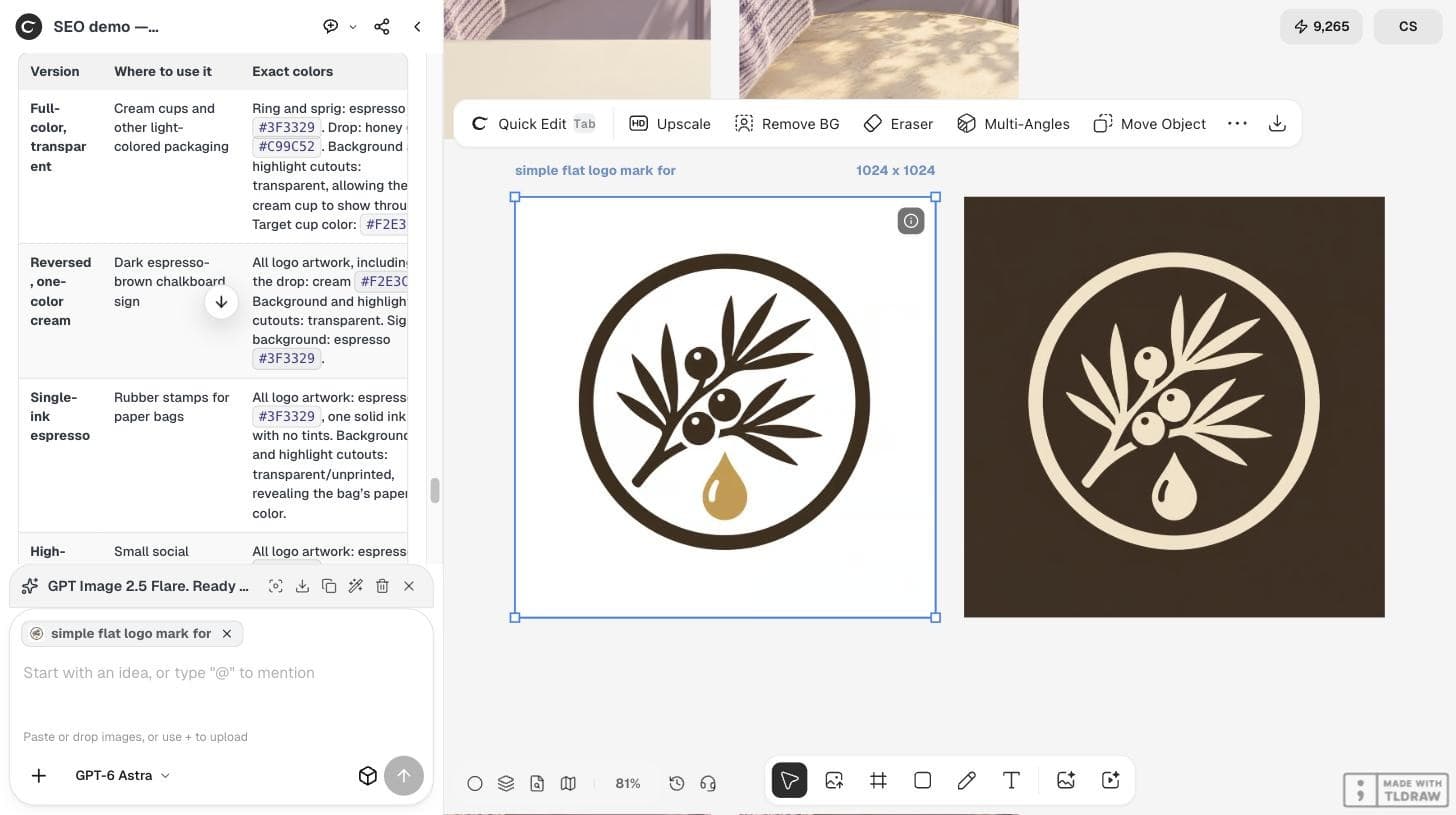 The Ciyo workspace with the café logo selected on the canvas and the image toolbar showing Remove BG
