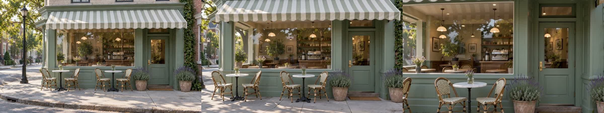 Three frames from the generated clip showing the café front at the start, middle and end of a slow push-in toward the door