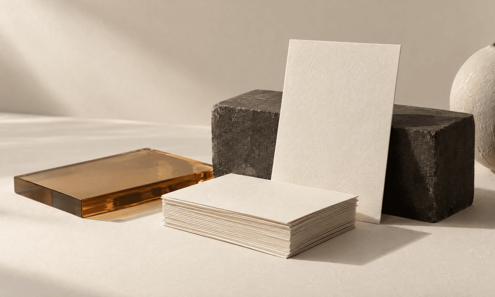 A short stack of pale cards on an ivory surface with one card standing on its edge against a dark block and an amber glass card beside it
