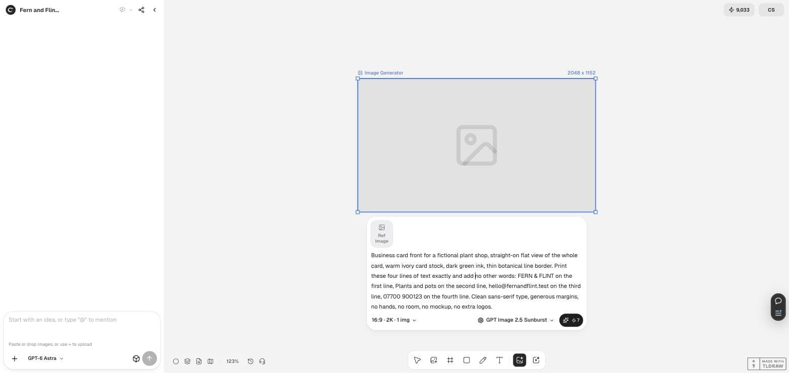 The Ciyo Image Generator with the business card prompt typed in, set to 16:9 and 2K, quoting seven credits