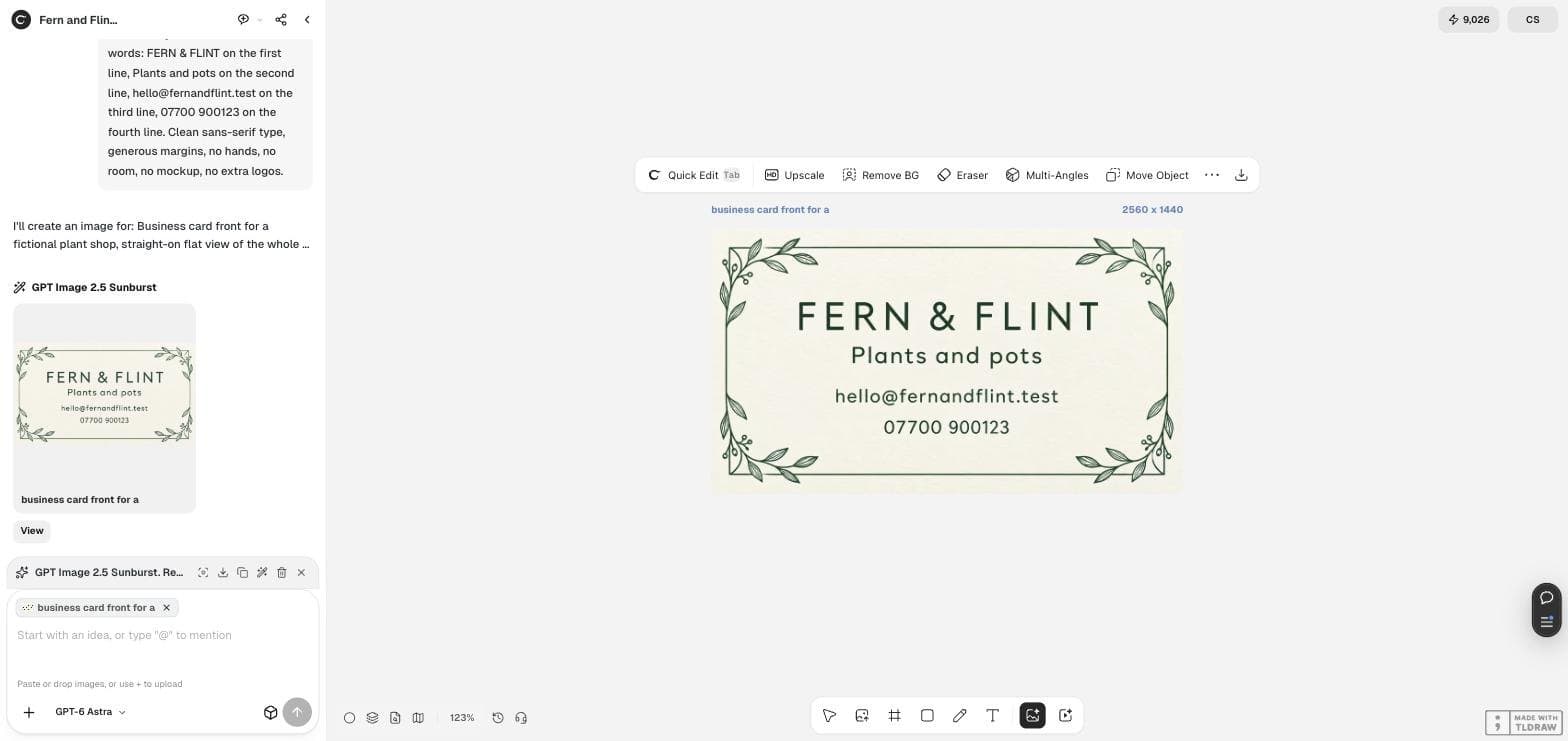The Ciyo canvas showing the generated ivory business card with the shop name, tagline, email and phone number