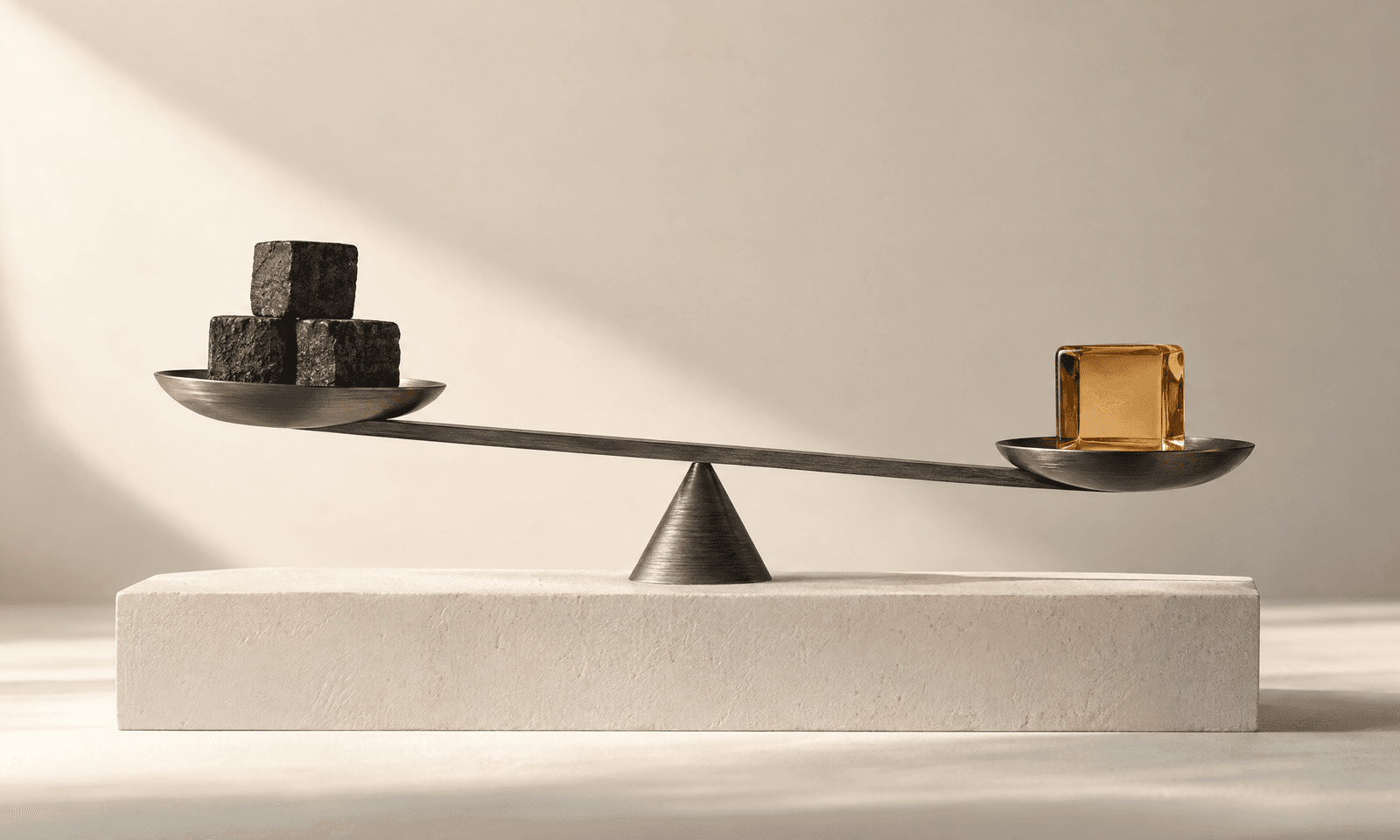 A slim graphite balance beam on a pale plinth with a stack of dark cubes on one pan and a single amber glass cube on the other