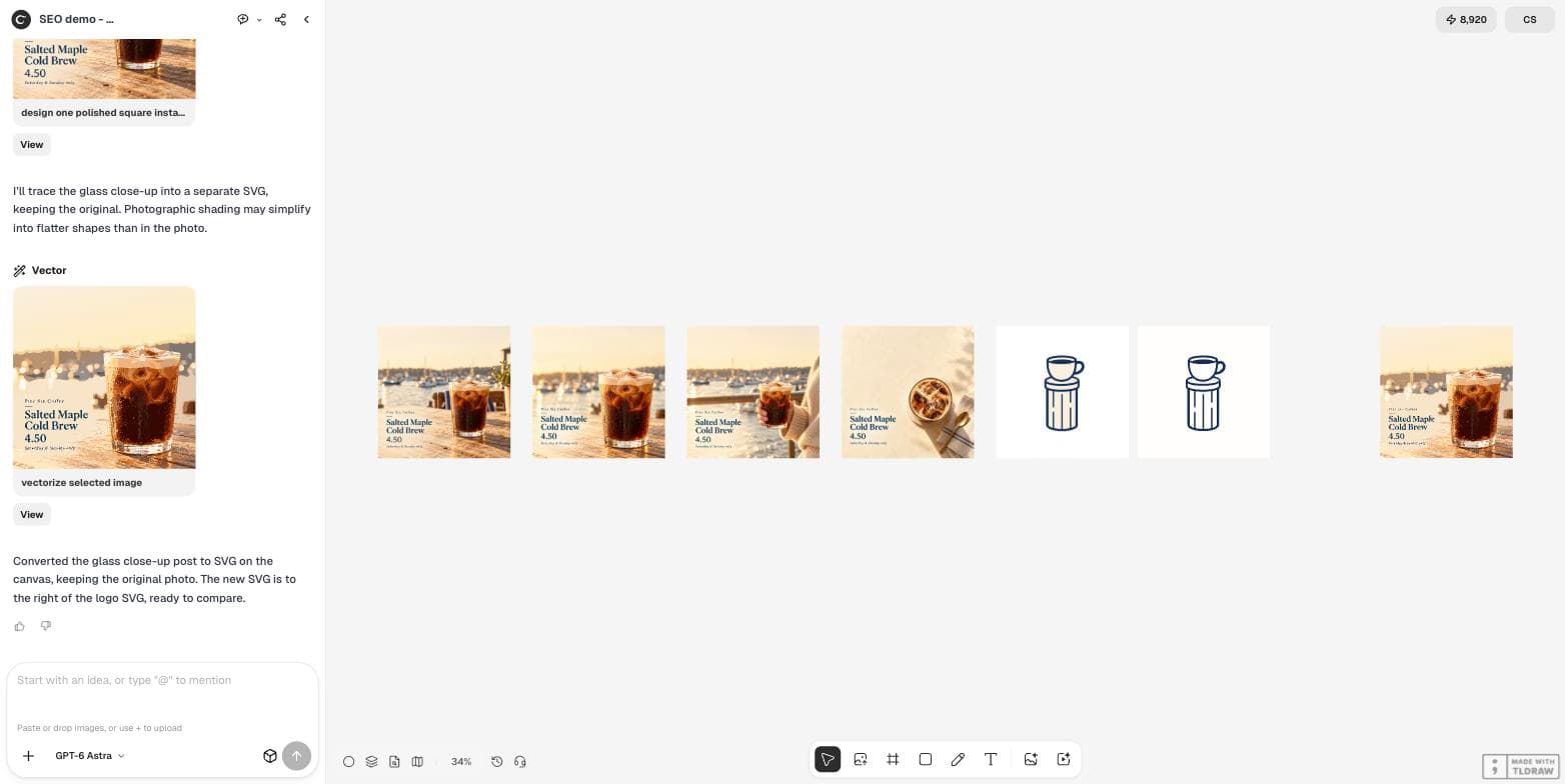 The Ciyo canvas showing four generated posts, a flat logo mark, its SVG conversion and the SVG conversion of a photographic post