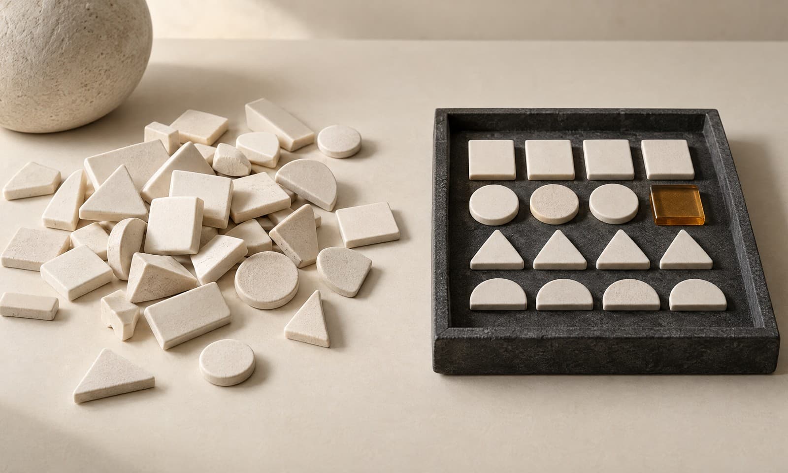 A loose heap of mixed ivory ceramic tiles beside a charcoal tray holding the same tiles in ordered rows, one of them amber