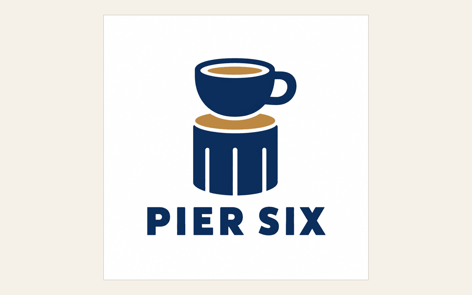 The generated graphic: a navy cup on a pier post with ochre details and PIER SIX in heavy capitals underneath