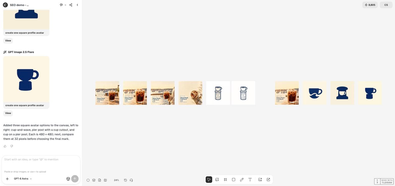 The Ciyo canvas showing three generated avatar options in navy on cream, beside the earlier work in the same project