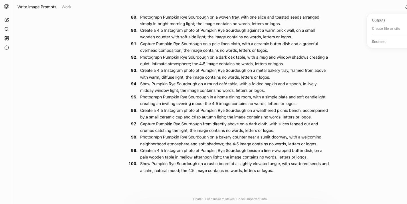 ChatGPT Work showing items 89 to 100 of a numbered list of image prompts for a pumpkin rye loaf