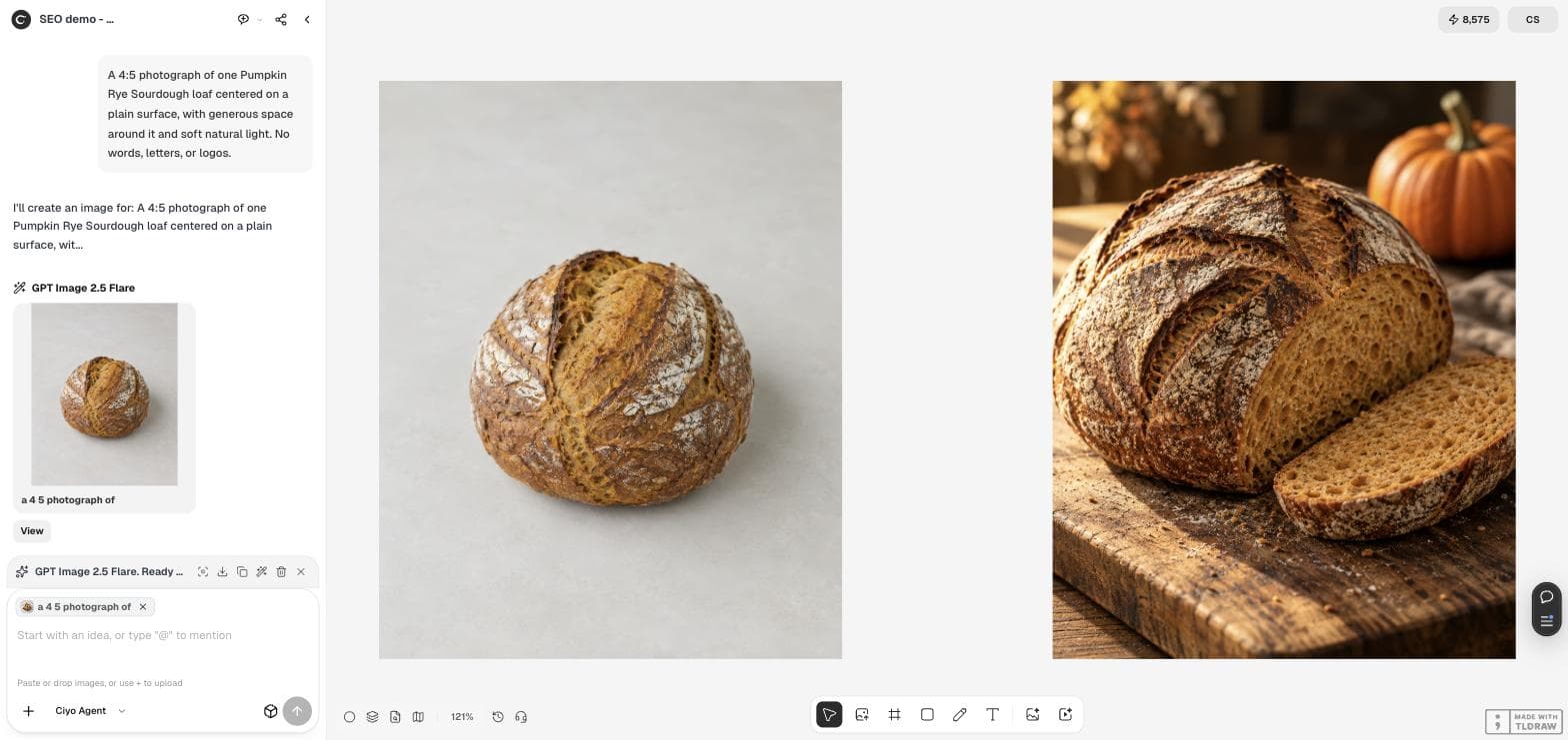 Ciyo board with two loaf photos side by side: a plain uncut loaf on grey and a cut loaf with a pumpkin on a wooden board