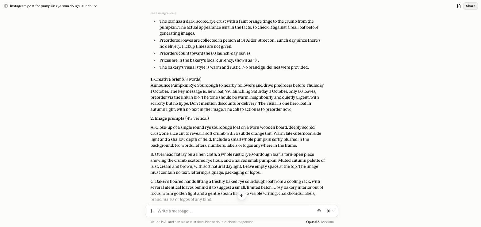 claude.ai 中 Opus 5.5 的回答,包含一份假设清单、一份 68 词的简报和三条图像提示词