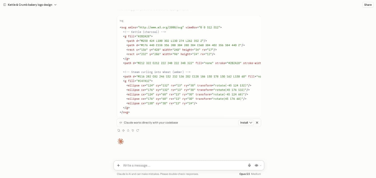 موقع claude.ai يعرض شيفرة SVG المصحّحة مع مجموعة الإبريق الفحمية وخمسة أشكال بيضاوية كهرمانية للقمح