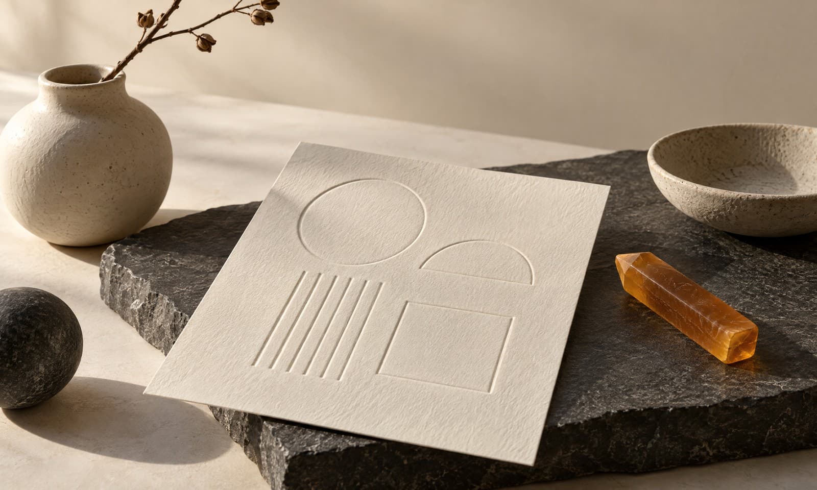 A sheet of ivory paper with raised, uncoloured outline shapes on a charcoal stone slab, with an amber wax crayon beside it