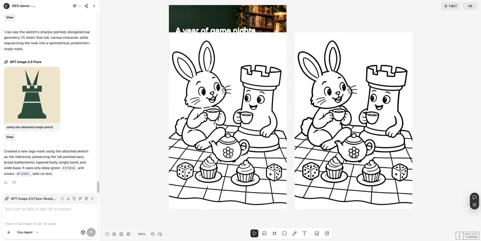 Ciyo canvas with the first colouring page and the Quick Edit version side by side, nearly identical line art