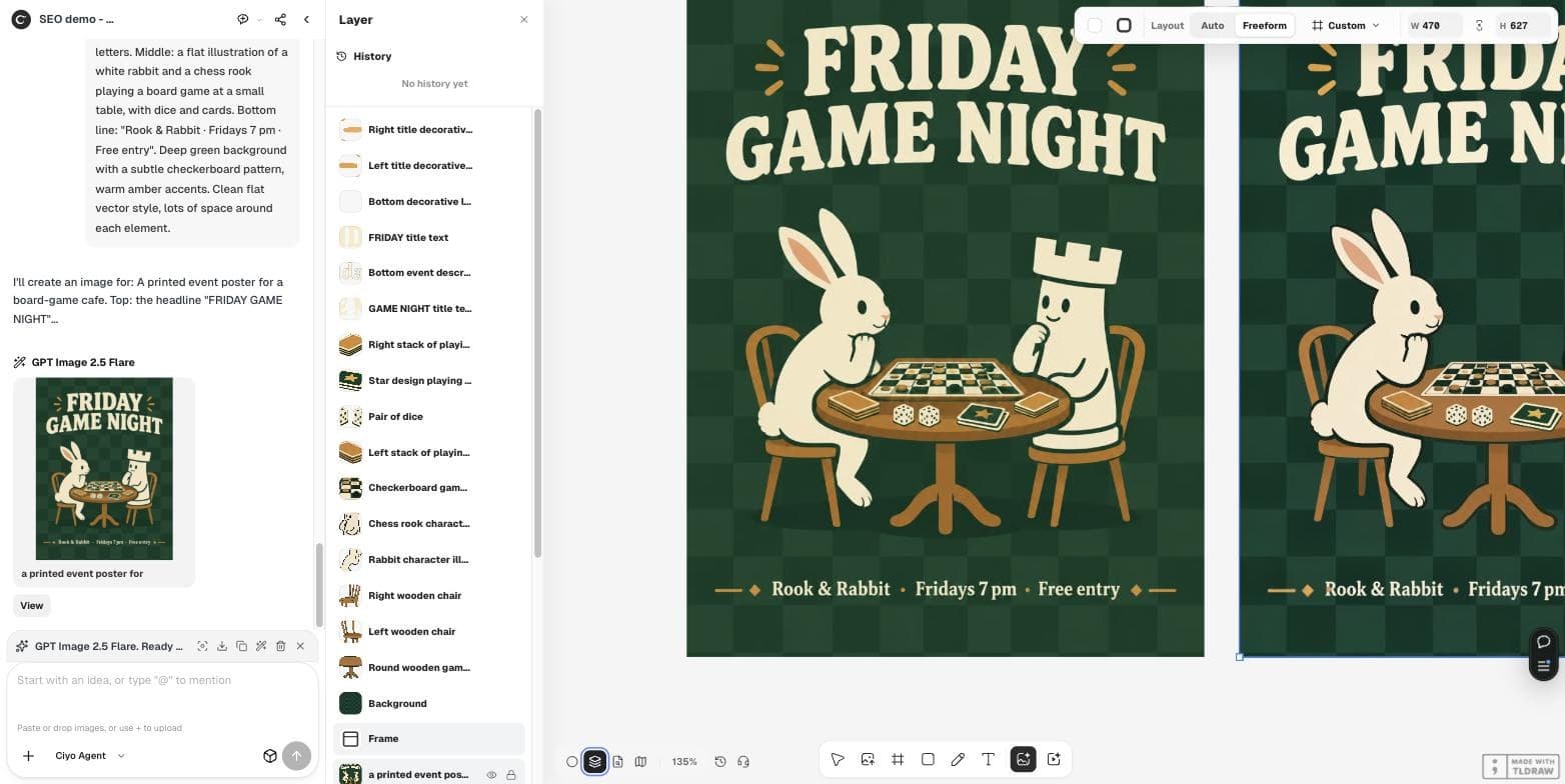 Ciyo 的 Layer 面板列出有名稱的圖層,例如 FRIDAY title text、Bottom event description、Chess rook character、Rabbit character illustration 和 Background,旁邊是原始海報和圖層組