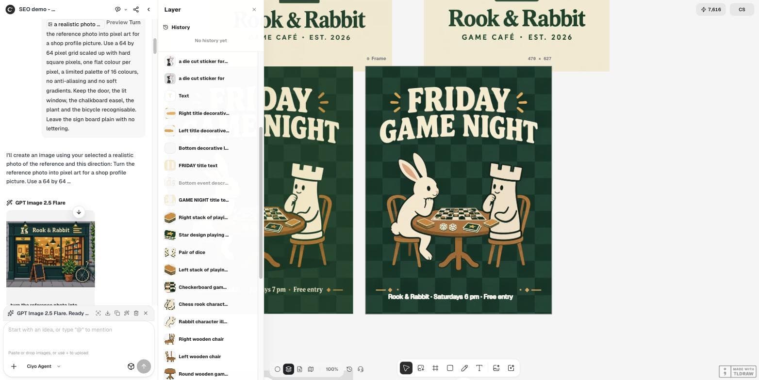 圖層組中舊的底部那一行已隱藏,新的一行奶油色文字寫著「Rook & Rabbit, Saturdays 6 pm, Free entry」