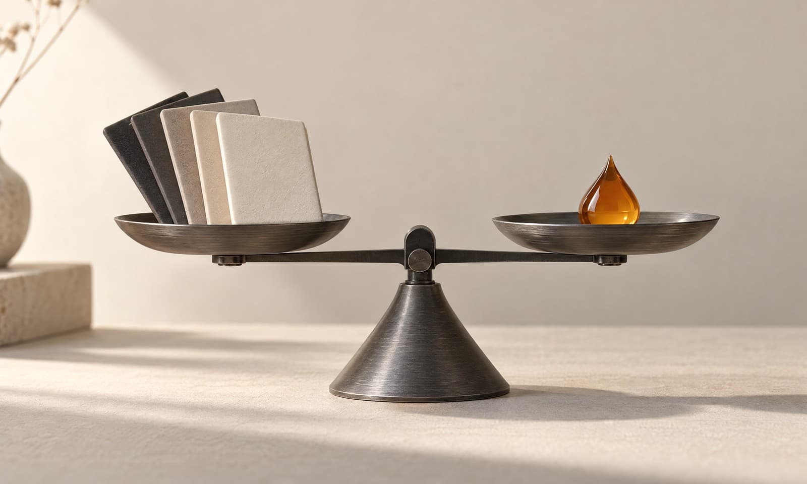 A fan of charcoal and ivory ceramic colour chips on one dish of a small graphite balance, with an amber drop on the other dish