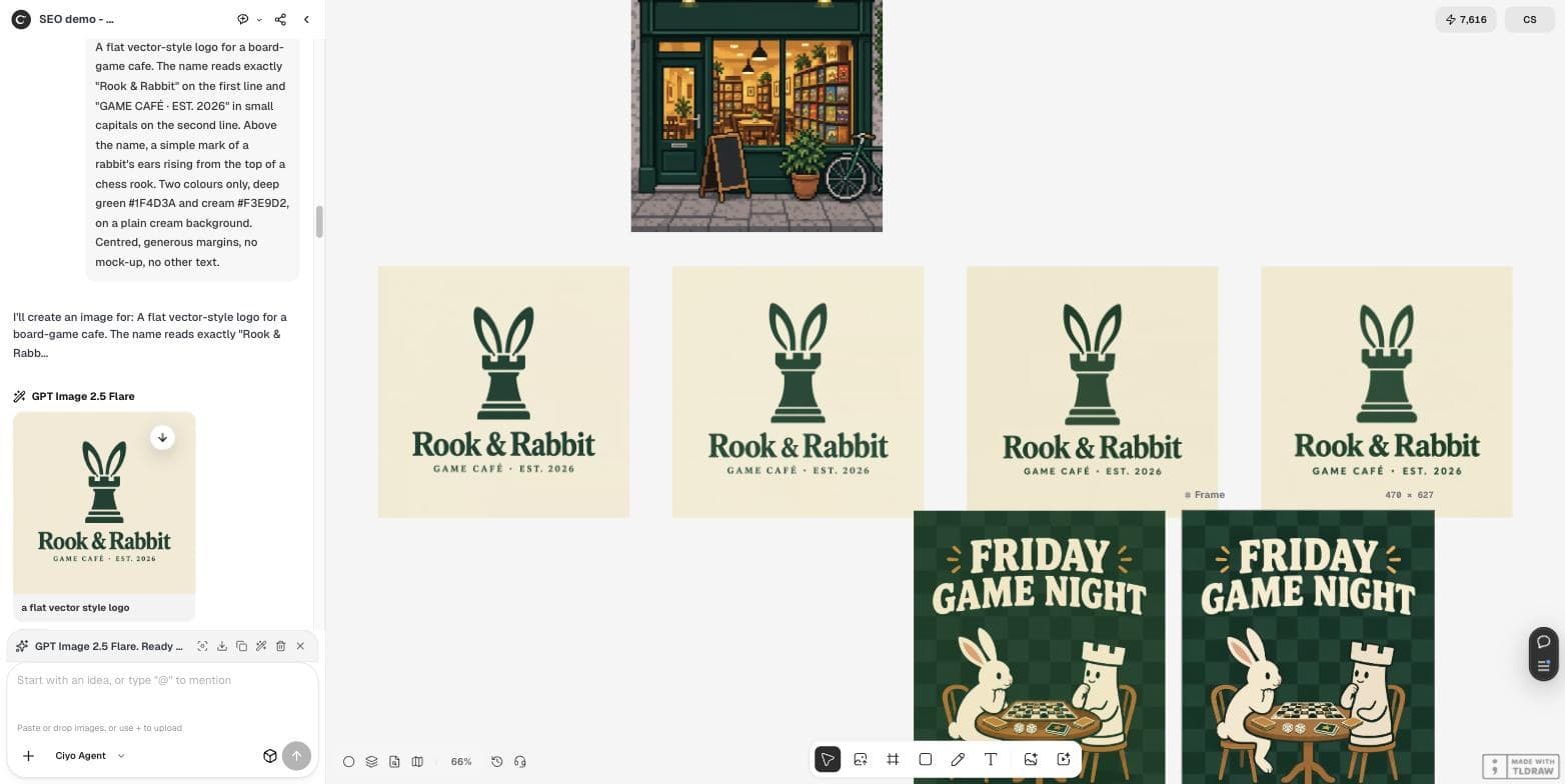 Ciyo canvas with the four generated logo versions in a row and the two-colour logo prompt in the chat panel