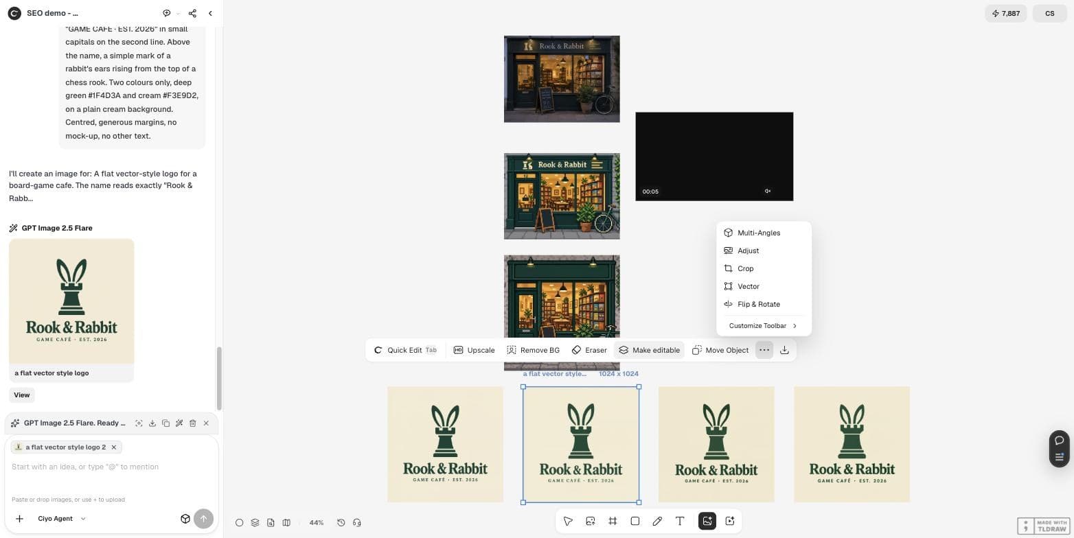 Ciyo canvas with four logo versions in a row and the More menu open on the second one, listing Multi-Angles, Adjust, Crop, Vector and Flip & Rotate