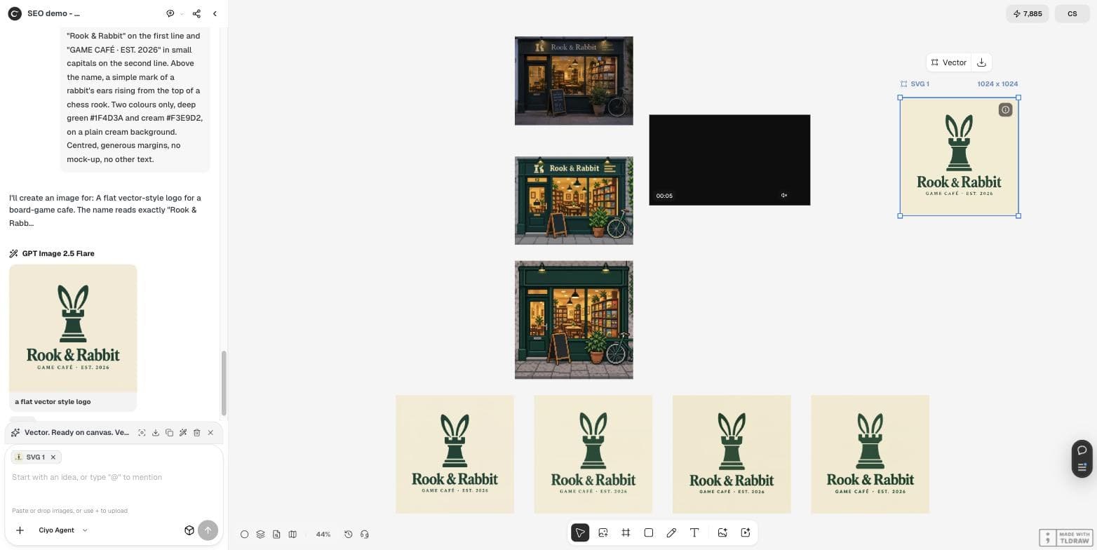 Ciyo canvas with the vector version labelled SVG 1 selected beside the four raster logos, and the chat reporting Vector ready on canvas