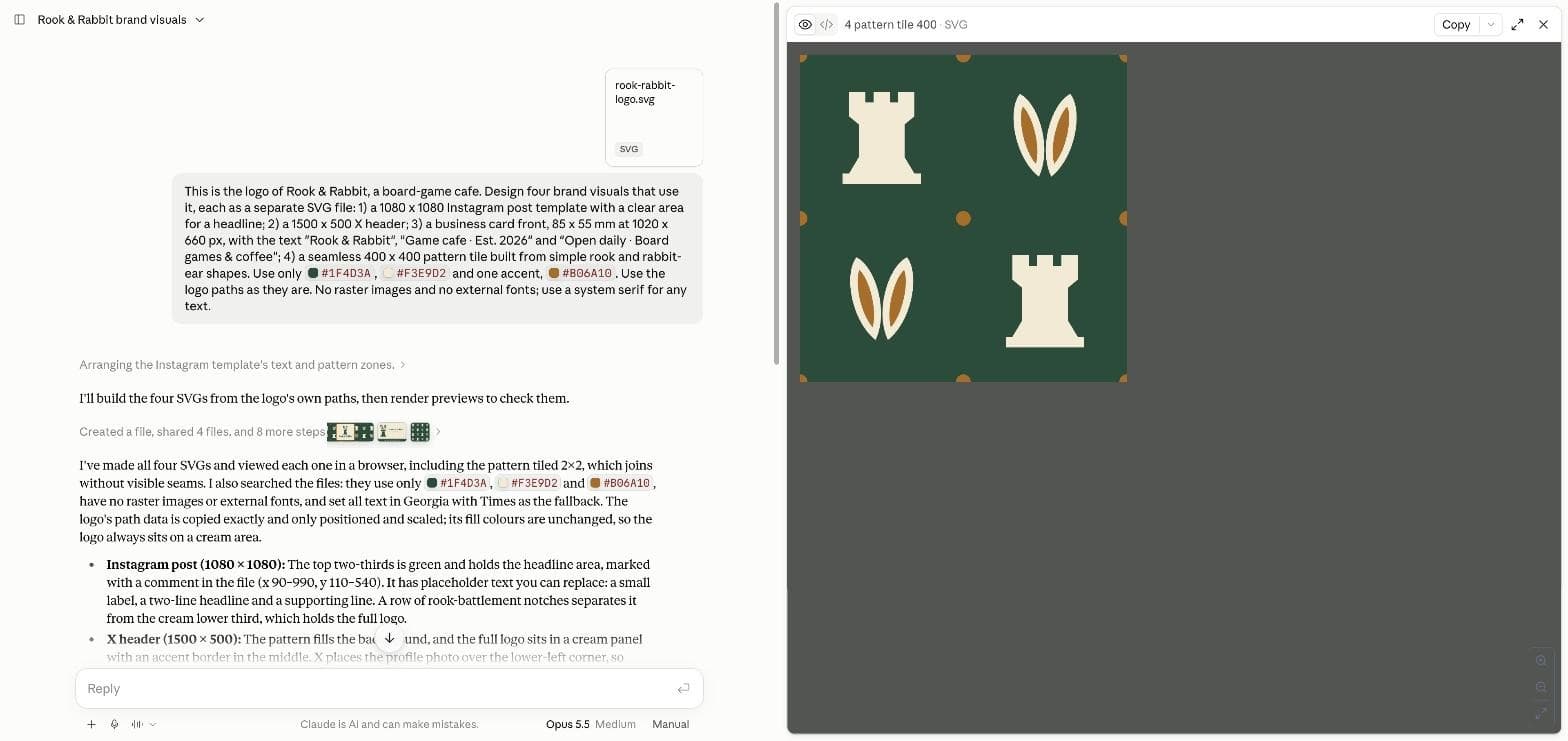 claude.ai 對話畫面,附有標誌檔和四個檔案的品牌需求說明,以及 Opus 5.5 回答的開頭和它算繪的小型預覽