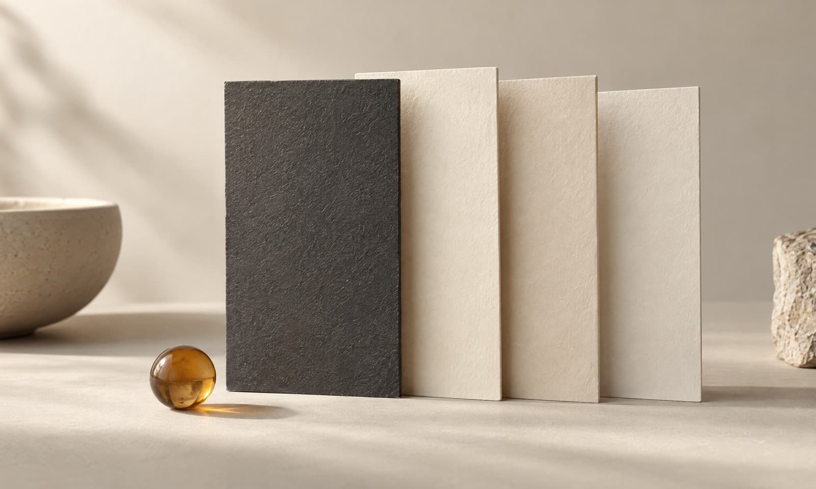 Four tall ivory paper panels overlapping like cards in a hand, the first one charcoal, with an amber bead in front