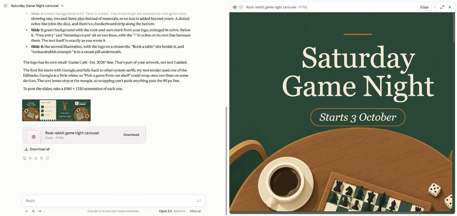 claude.ai with Opus 5.5's note about Georgia possibly wrapping a step, a preview strip of the four slides, and slide 1 open in the preview panel
