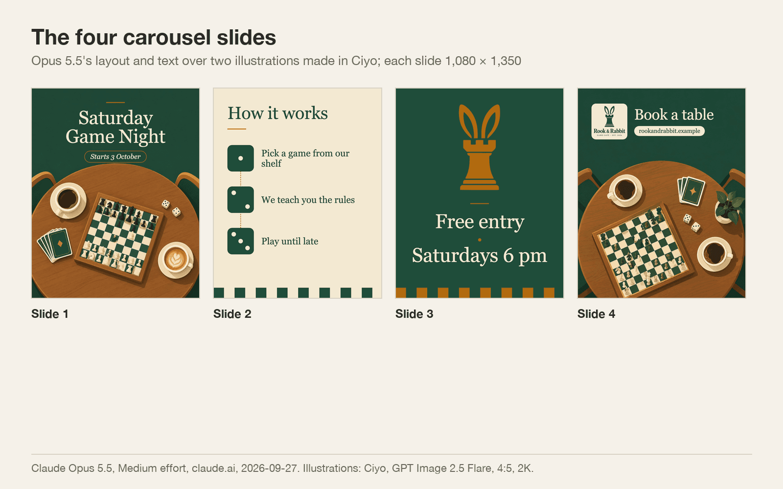 The four carousel slides side by side: the Saturday Game Night cover, How it works with dice numbers, Free entry Saturdays 6 pm with the rook symbol, and Book a table with the logo