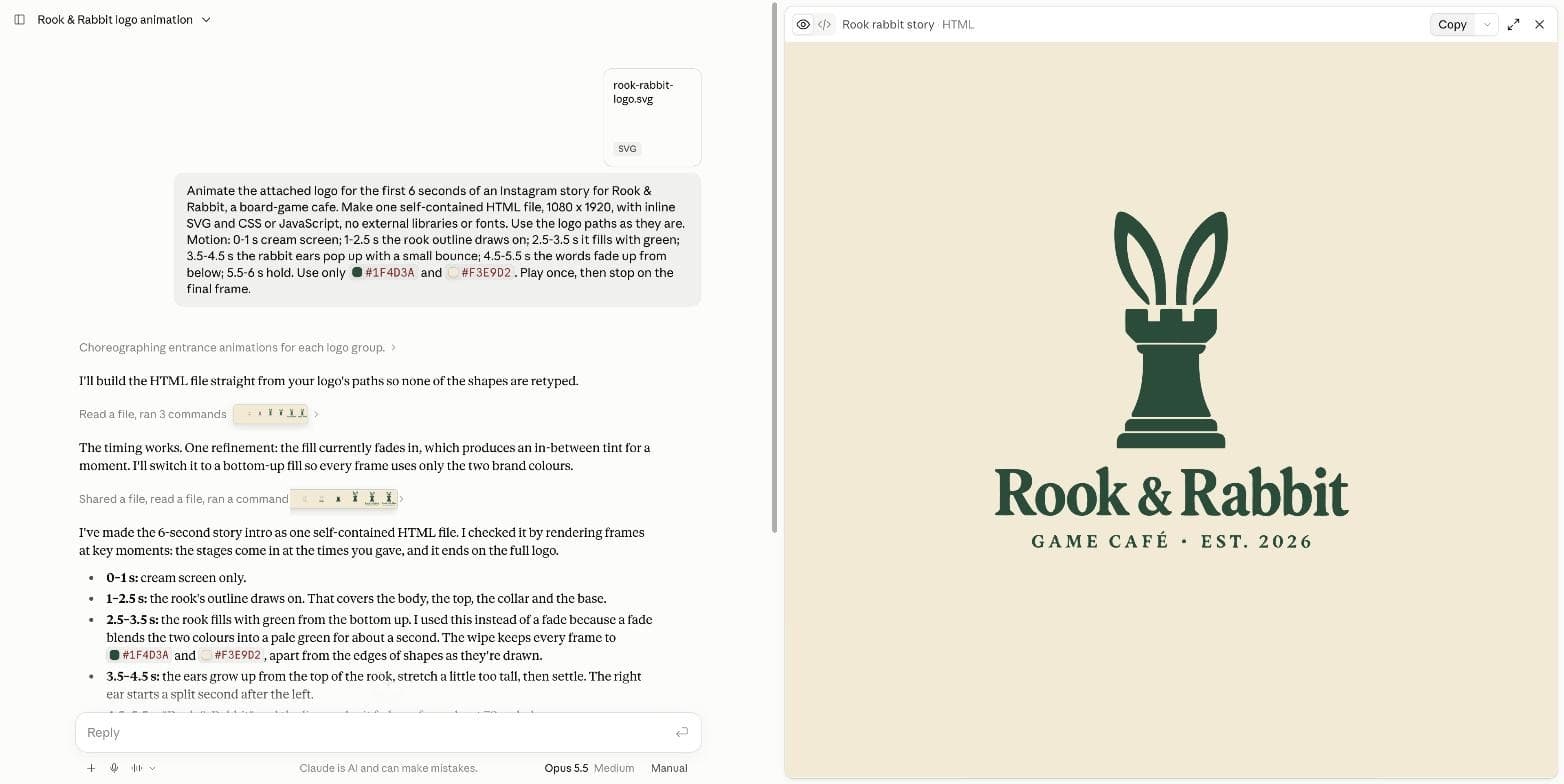 claude.ai مع ملخص Opus 5.5 للمراحل الست، بجانب معاينة HTML تُظهر شعار Rook & Rabbit المكتمل على خلفية كريمية
