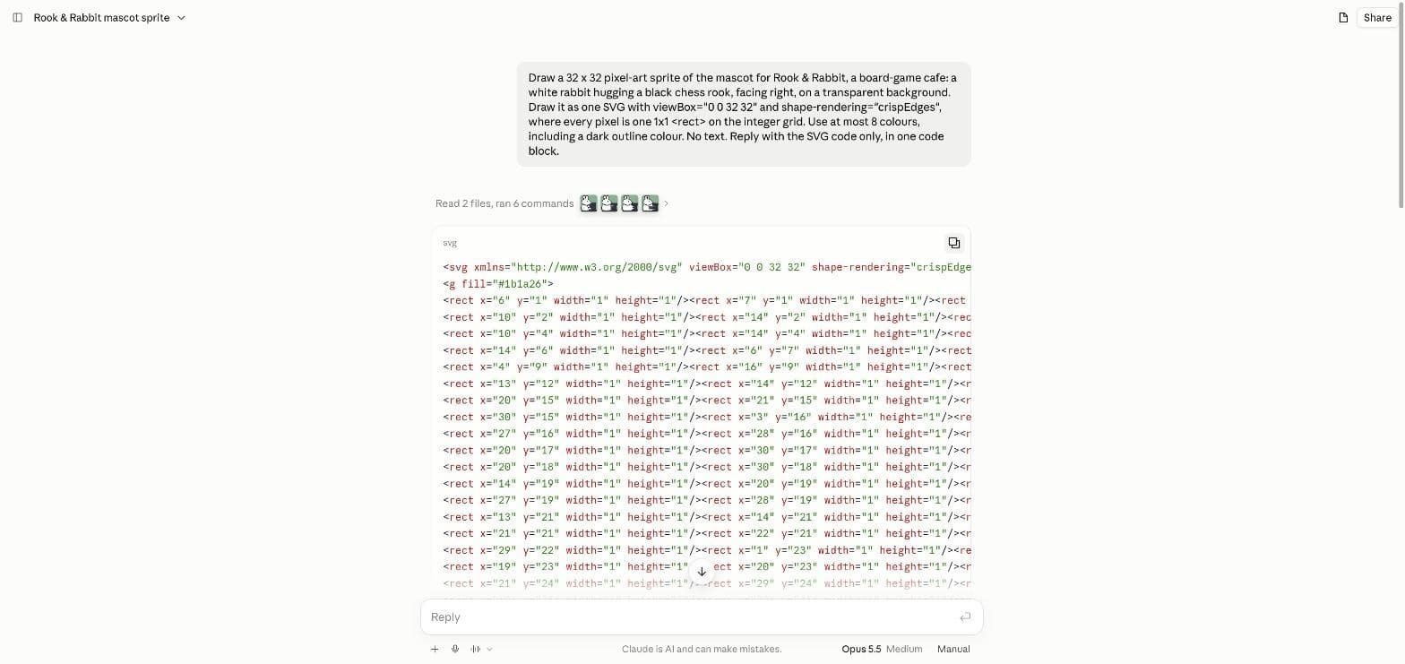 Chat de claude.ai con el prompt de pixel art, un resumen de pasos con cuatro pequeños borradores del sprite y el inicio del código SVG, modelo Opus 5.5 Medium