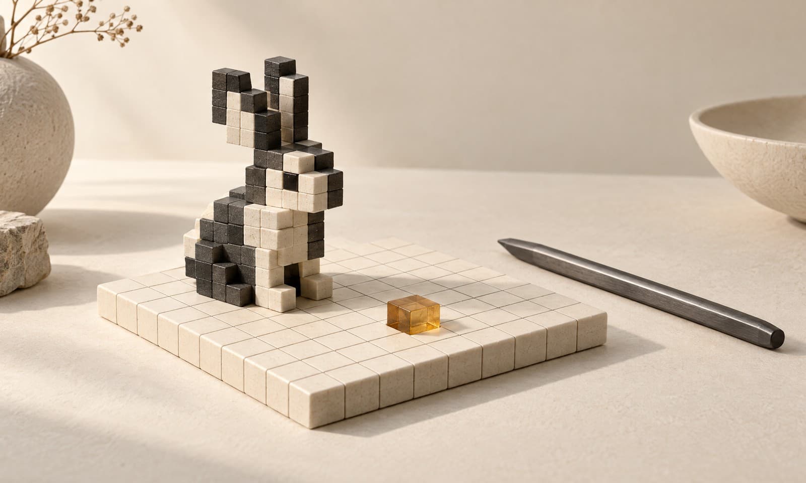 Una pequeña figura de conejo hecha con cubos carbón y marfil sobre un tablero cuadriculado marfil, junto a un lápiz óptico de grafito y un cubo ámbar