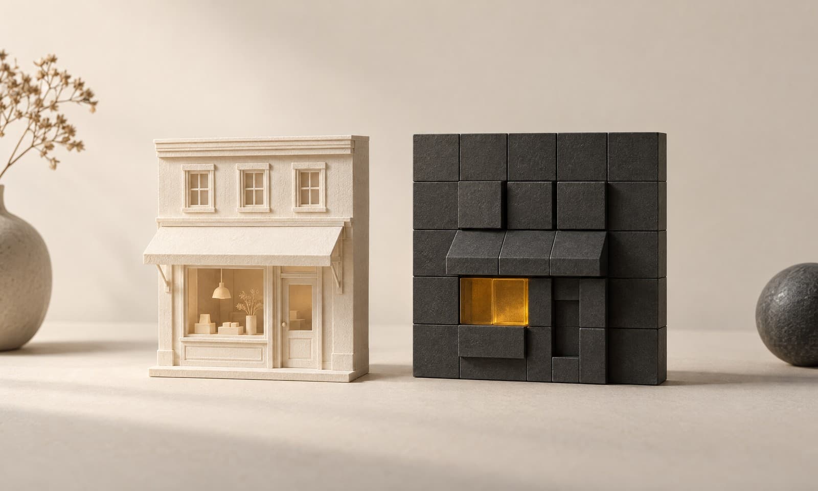 Una maqueta de papel marfil de una fachada de tienda junto a la misma fachada reconstruida con cubos de color carbón, con un cubo ámbar como la ventana iluminada