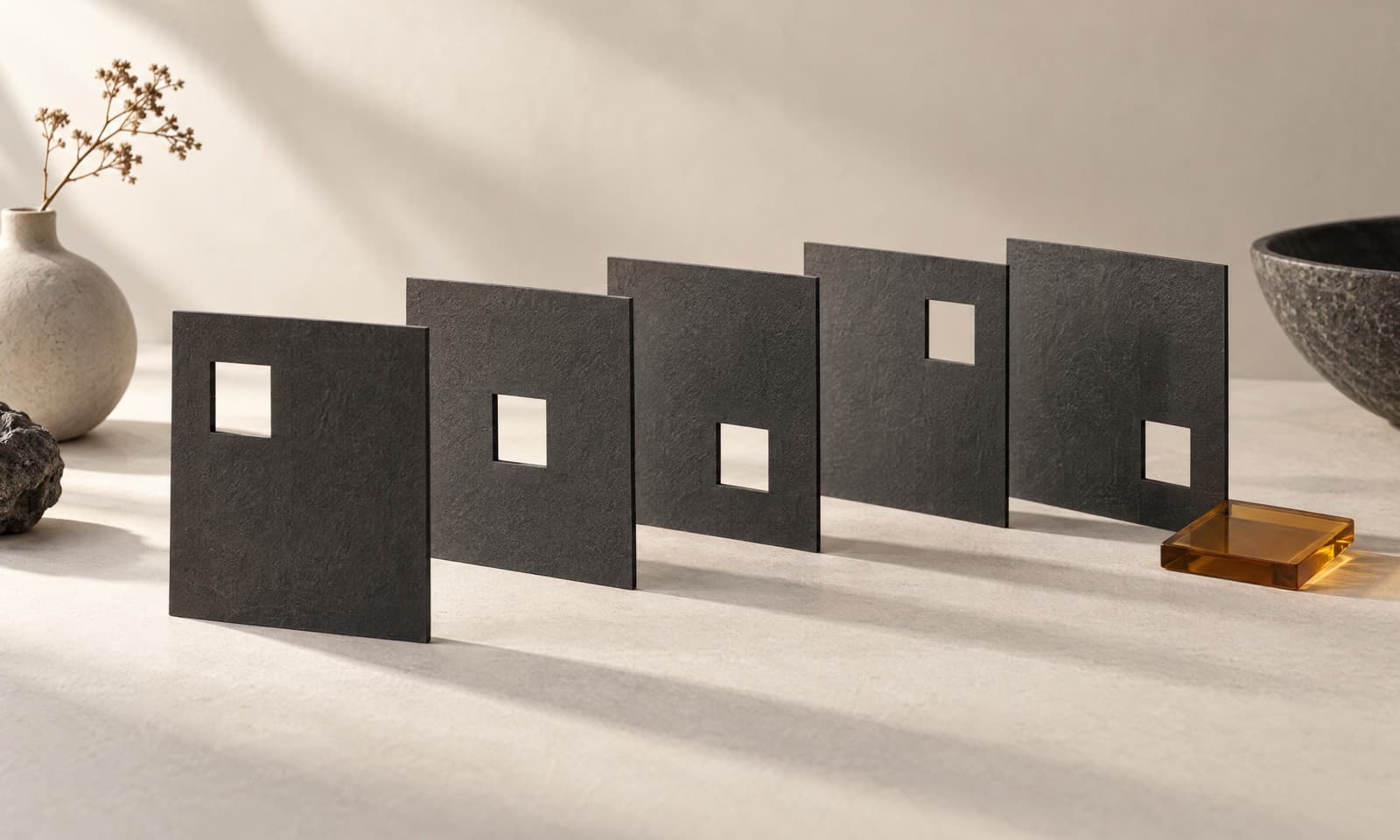 Five charcoal paper cards standing in a curved row like film frames, each with a small square window in a slightly different place