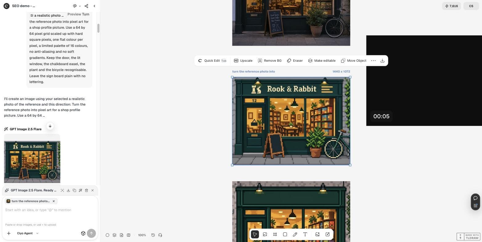 Lienzo de Ciyo con la foto del café arriba, el resultado apaisado en pixel art seleccionado que aún muestra el rótulo Rook & Rabbit, y el primer prompt en el panel de chat