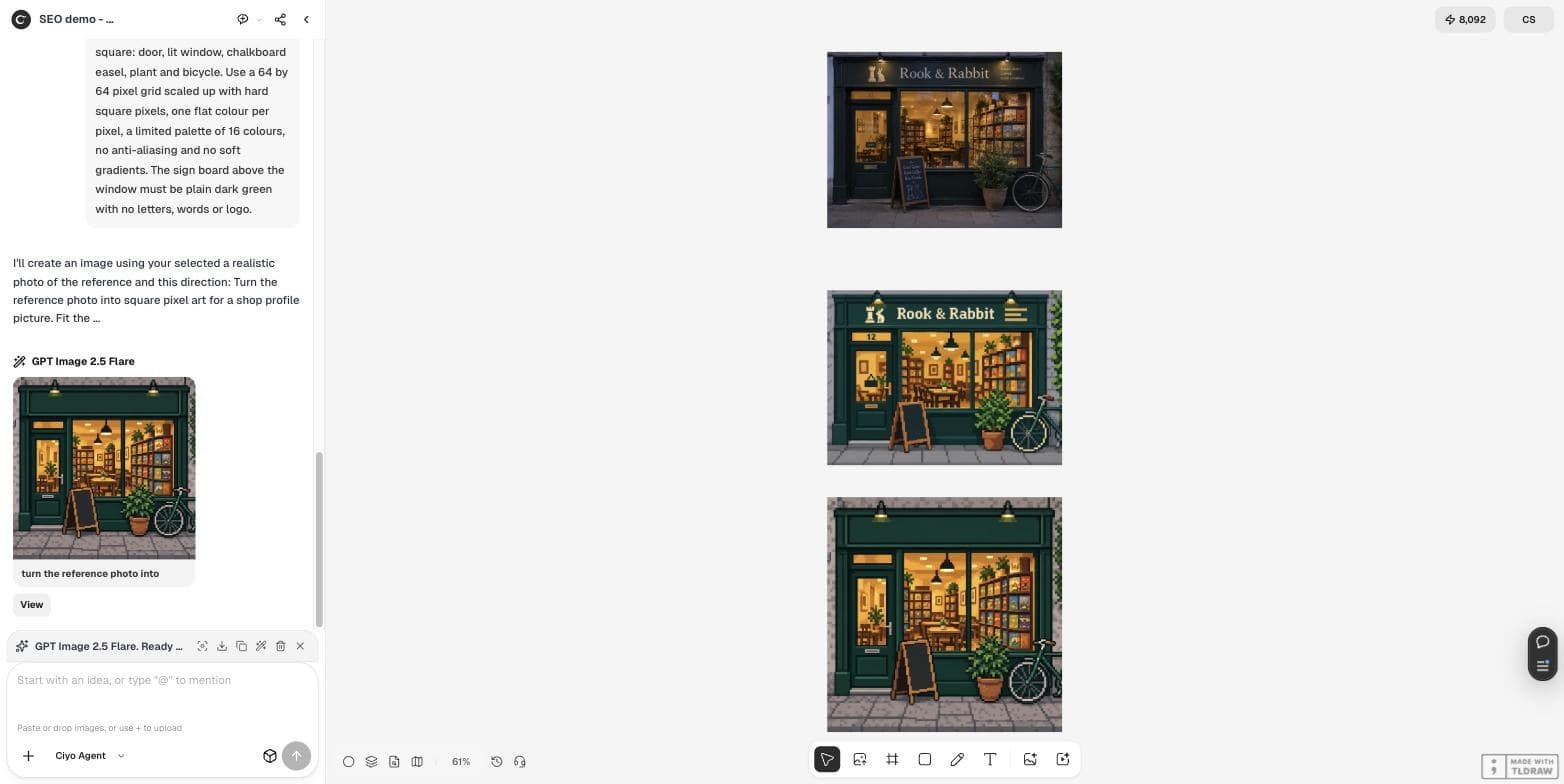 Lienzo de Ciyo con tres imágenes apiladas: la foto del café, el pixel art apaisado con rótulo y el pixel art cuadrado con un letrero liso