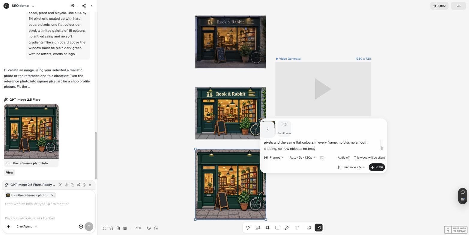 Ciyo Video Generator panel with the pixel-art shop front as start frame, the motion prompt, Frames mode, 5 s 720p, audio off and Seedance 2.5 at 197 credits