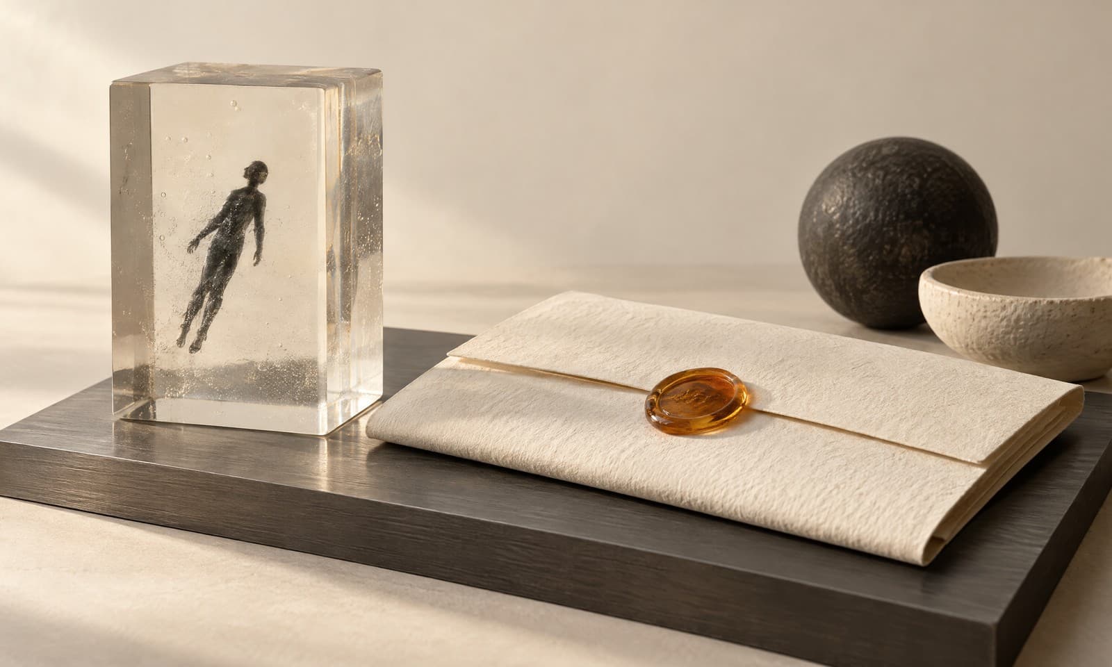 A clear acrylic block with a charcoal figure floating inside, beside a folded ivory document sealed with amber wax
