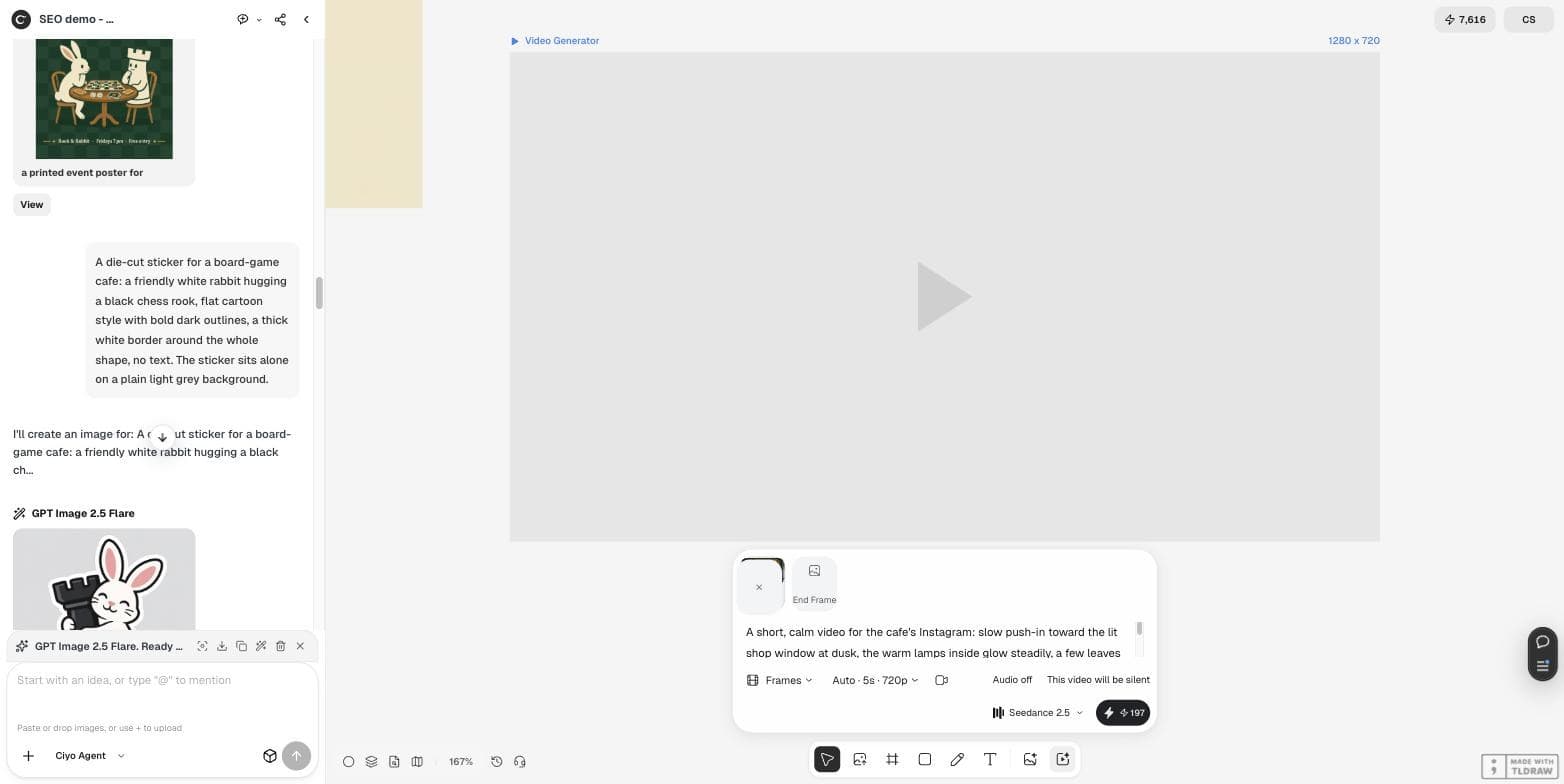 Video Generator في Ciyo مضبوط على Frames وAuto و5 ثوانٍ و720p مع إيقاف الصوت وSeedance 2.5 بسعر 197 رصيداً، مع كتابة أمر الحركة لواجهة المتجر
